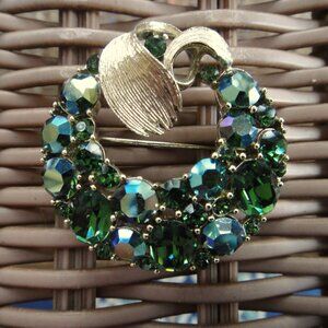 Vintage Lisner AB & Green Rhinestone Brooch Pin